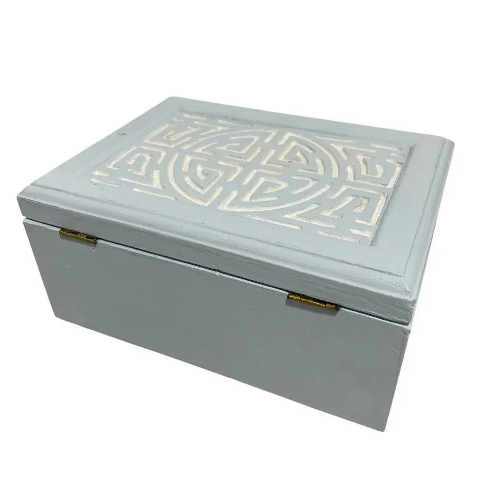 Vintage jewelry trinket keepsake box modified wood painted blue & white crafted